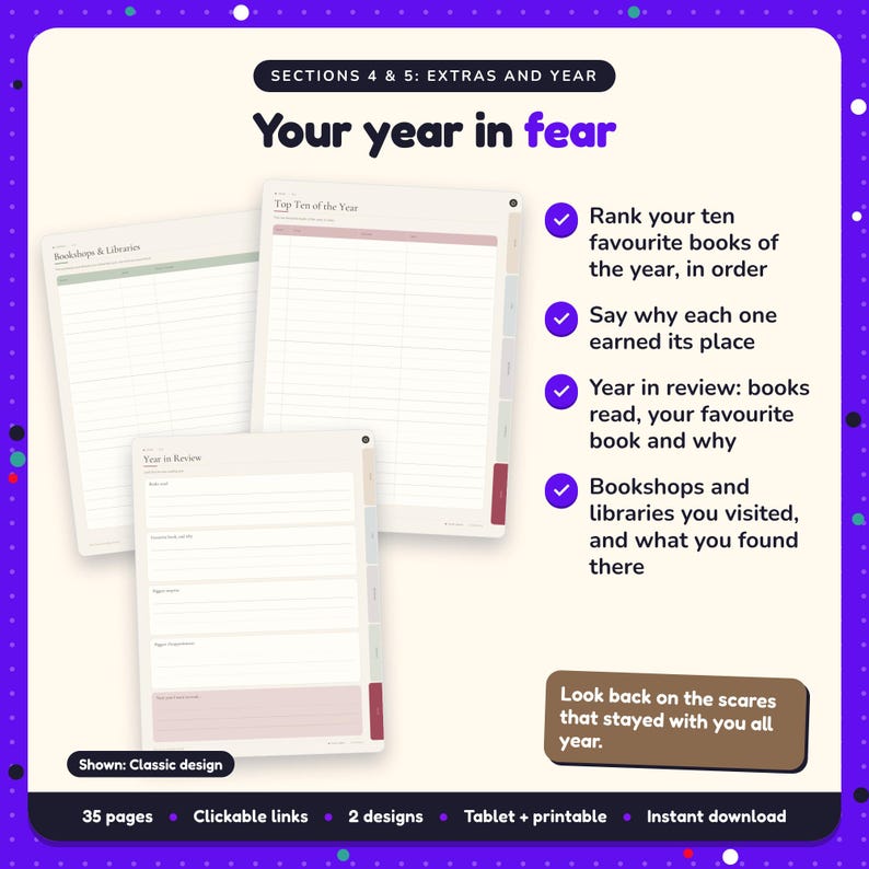 Your year in fear: Horror Reading Journal pages. Rank your ten favourite books of the year, in order; Say why each one earned its place; Year in review: books read, your favourite book and why