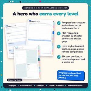 A hero who earns every level: LitRPG & Progression Fantasy Writing Planner pages. Progression structure with a level-up at each major turn; Plot map and a chapter by chapter power and stakes graph; Hero and antagonist profiles, plus a page for the companions