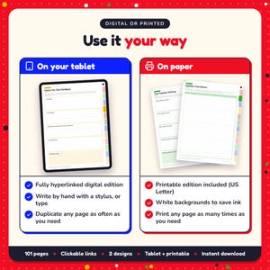 Use the Christmas & Holiday Romance Writing Planner on your tablet as a hyperlinked digital planner, or print the US Letter printable edition