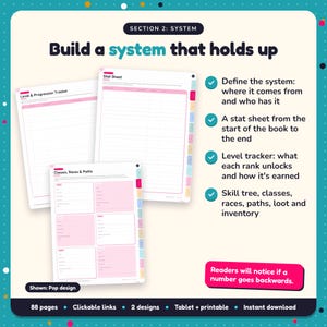 Build a system that holds up: LitRPG & Progression Fantasy Writing Planner pages. Define the system: where it comes from and who has it; A stat sheet from the start of the book to the end; Level tracker: what each rank unlocks and how it's earned