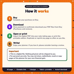 How it works: buy, download the PDF files from Etsy, open in your note-taking app or print. Digital file for personal use, nothing is shipped