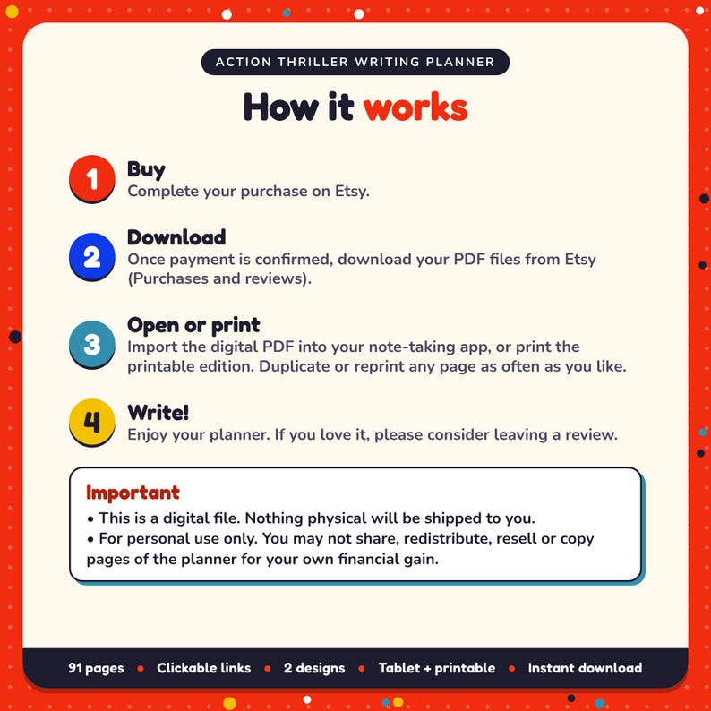 How it works: buy, download the PDF files from Etsy, open in your note-taking app or print. Digital file for personal use, nothing is shipped