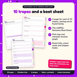 10 tropes and a beat sheet: LGBTQ+ Romance Writing Planner pages. A page for each of 10 tropes, coming out to found family; The LGBTQ+ Romance Beat Sheet; Plot map and romantic tension graph