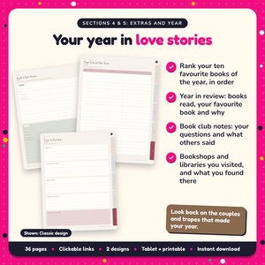 Your year in love stories: Romance Reading Journal pages. Rank your ten favourite books of the year, in order; Year in review: books read, your favourite book and why; Book club notes: your questions and what others said