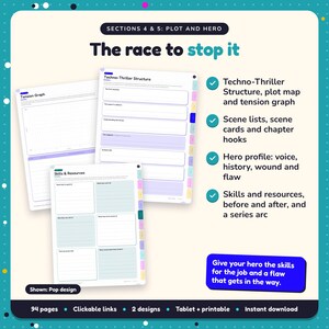 The race to stop it: Techno-Thriller Writing Planner pages. Techno-Thriller Structure, plot map and tension graph; Scene lists, scene cards and chapter hooks; Hero profile: voice, history, wound and flaw