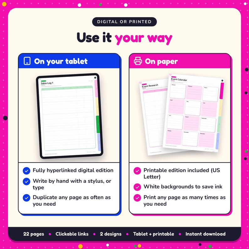 Use the Author Events Planner on your tablet as a hyperlinked digital planner, or print the US Letter printable edition