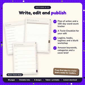 Write, edit and publish: Psychological Thriller Writing Planner pages. Plan of action and a 100-day word count tracker; A Twist Checklist for your edit; Logline, hooks, taglines and a blurb workshop