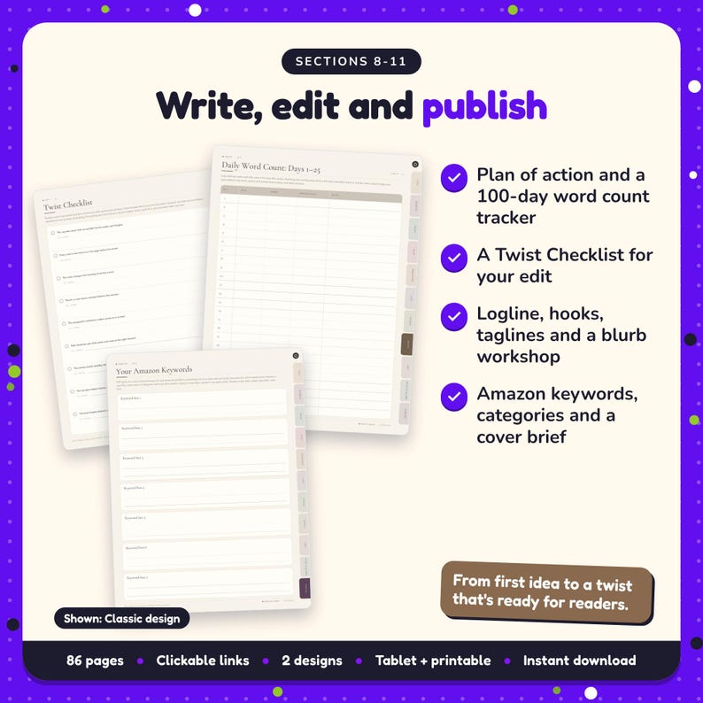 Write, edit and publish: Psychological Thriller Writing Planner pages. Plan of action and a 100-day word count tracker; A Twist Checklist for your edit; Logline, hooks, taglines and a blurb workshop