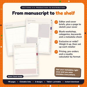 From manuscript to the shelf: Self-Publishing Planner pages. Editor and cover briefs, plus a page to sketch your cover; Blurb workshop, categories, keywords and a metadata sheet; Exclusive or wide? Weigh it up, then set up each retailer