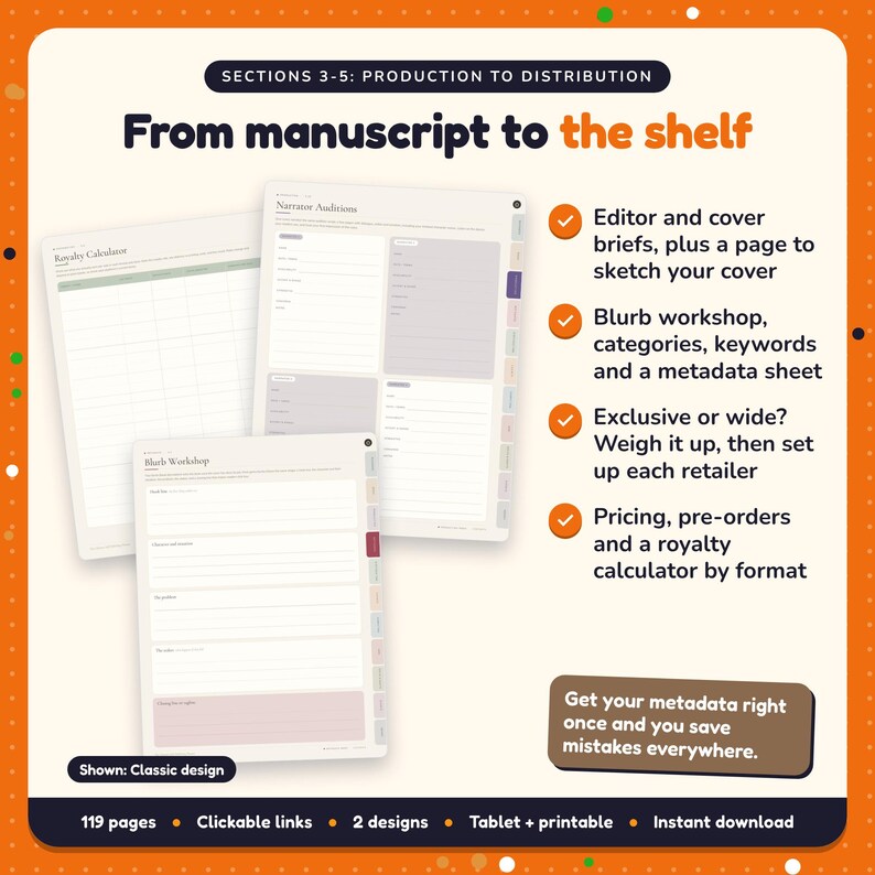 From manuscript to the shelf: Self-Publishing Planner pages. Editor and cover briefs, plus a page to sketch your cover; Blurb workshop, categories, keywords and a metadata sheet; Exclusive or wide? Weigh it up, then set up each retailer