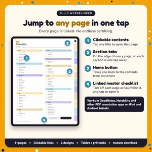 Hyperlinked contents page of the Steampunk Writing Planner, with clickable contents, section tabs, home button and linked master checklist for GoodNotes and Notability