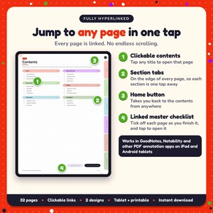 Hyperlinked contents page of the Self-Editing Workbook, with clickable contents, section tabs, home button and linked master checklist for GoodNotes and Notability