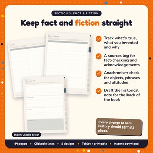 Keep fact and fiction straight: Historical Fiction Writing Planner pages. Track what's true, what you invented and why; A sources log for fact-checking and acknowledgements; Anachronism check for objects, phrases and attitudes