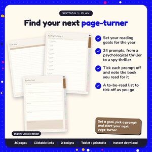 Find your next page-turner: Thriller Reading Journal pages. Set your reading goals for the year; 24 prompts, from a psychological thriller to a spy thriller; Tick each prompt off and note the book you read for it