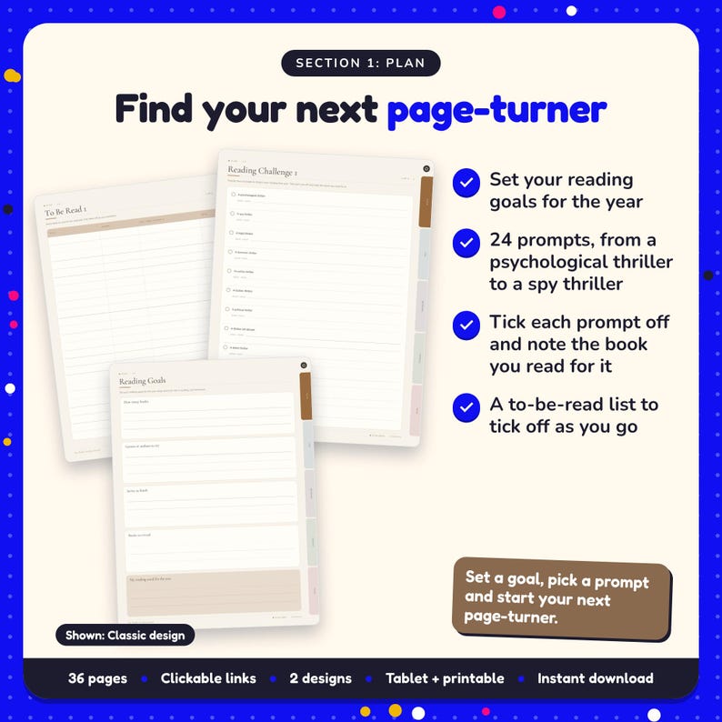 Find your next page-turner: Thriller Reading Journal pages. Set your reading goals for the year; 24 prompts, from a psychological thriller to a spy thriller; Tick each prompt off and note the book you read for it