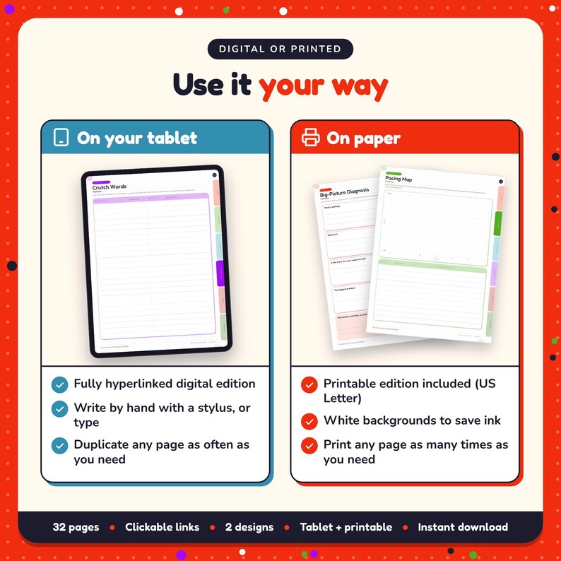 Use the Self-Editing Workbook on your tablet as a hyperlinked digital workbook, or print the US Letter printable edition