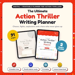 The Ultimate Action Thriller Writing Planner shown on two tablets in Classic and Pop designs: 91 pages, clickable links, iPad and tablet ready, printable, instant download