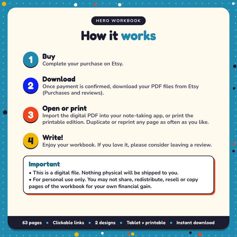 How it works: buy, download the PDF files from Etsy, open in your note-taking app or print. Digital file for personal use, nothing is shipped