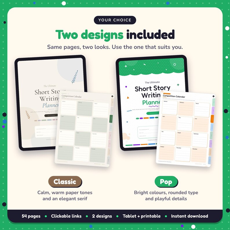 Two designs included with the Short Story Writing Planner: Classic and Pop