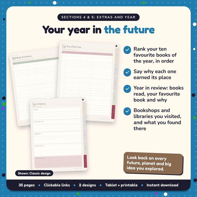 Your year in the future: Sci-Fi Reading Journal pages. Rank your ten favourite books of the year, in order; Say why each one earned its place; Year in review: books read, your favourite book and why