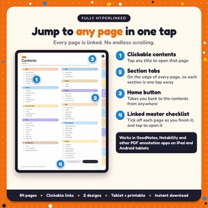 Hyperlinked contents page of the Historical Fiction Writing Planner, with clickable contents, section tabs, home button and linked master checklist for GoodNotes and Notability