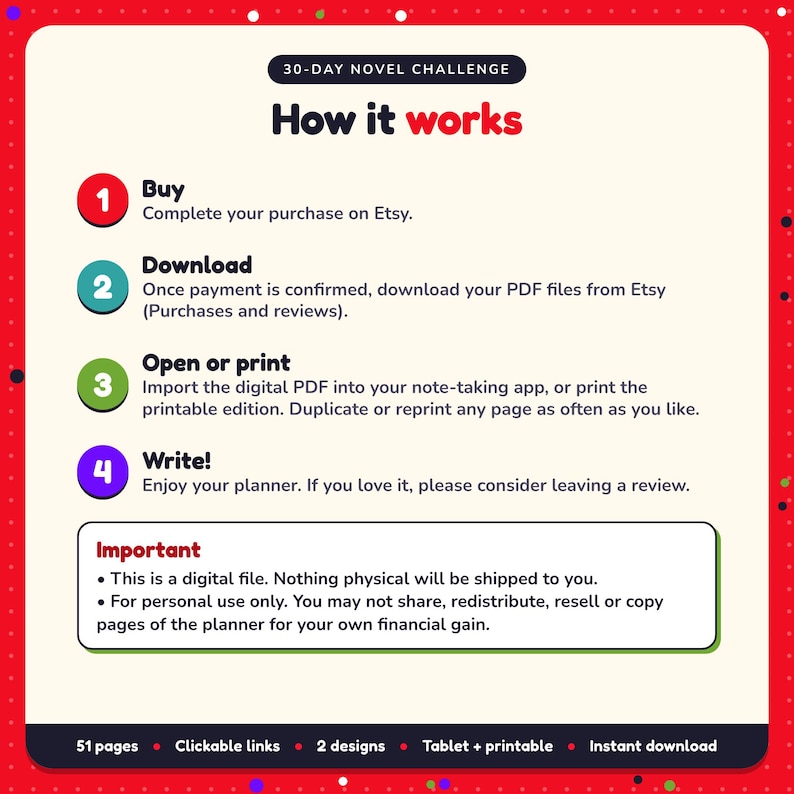 How it works: buy, download the PDF files from Etsy, open in your note-taking app or print. Digital file for personal use, nothing is shipped