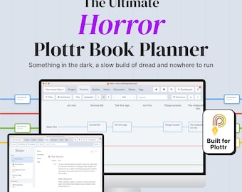 Könnte beinhalten: Eine digitale Buchplaner-Vorlage für Horrorautoren mit dem Titel The Ultimate Horror Plottr Book Planner. Die Anzeige zeigt einen Computermonitor und einen Laptop-Bildschirm mit Software-Schnittstellen, die Zeitpläne und Notizen enthalten.