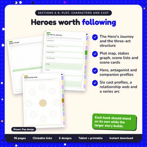 Heroes worth following: Epic Fantasy Writing Planner pages. The Hero's Journey and the three-act structure; Plot map, stakes graph, scene lists and scene cards; Hero, antagonist and companion profiles