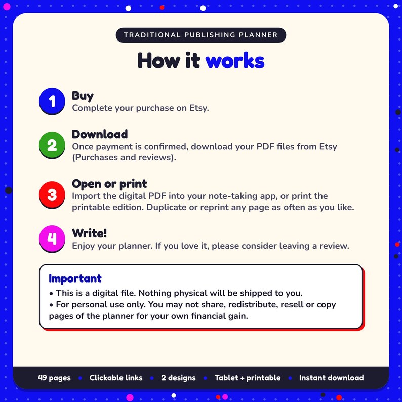 How it works: buy, download the PDF files from Etsy, open in your note-taking app or print. Digital file for personal use, nothing is shipped