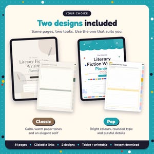 Two designs included with the Literary Fiction Writing Planner: Classic and Pop