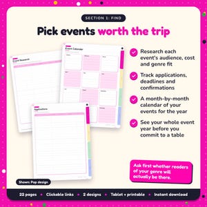 Pick events worth the trip: Author Events Planner pages. Research each event's audience, cost and genre fit; Track applications, deadlines and confirmations; A month-by-month calendar of your events for the year