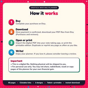 How it works: buy, download the PDF files from Etsy, open in your note-taking app or print. Digital file for personal use, nothing is shipped