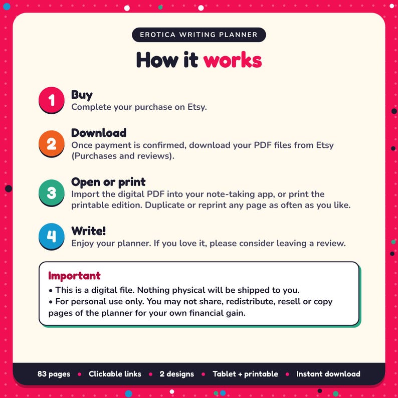 How it works: buy, download the PDF files from Etsy, open in your note-taking app or print. Digital file for personal use, nothing is shipped