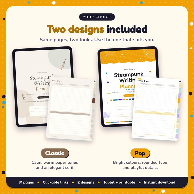 Two designs included with the Steampunk Writing Planner: Classic and Pop