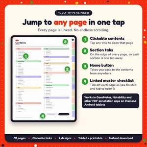 Hyperlinked contents page of the Grimdark Fantasy Writing Planner, with clickable contents, section tabs, home button and linked master checklist for GoodNotes and Notability