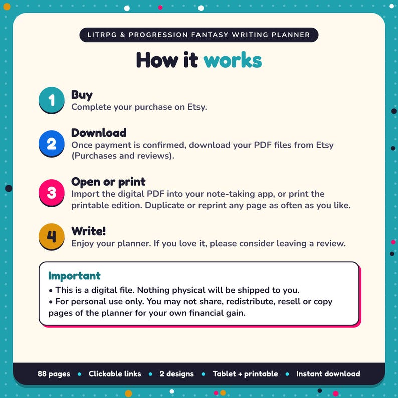 How it works: buy, download the PDF files from Etsy, open in your note-taking app or print. Digital file for personal use, nothing is shipped