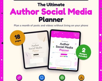 Può includere: Un pianificatore di social media digitale e stampabile per autori con due tablet che mostrano 18 pagine e 2 design. Il testo include The Ultimate Author Social Media Planner, Plan a month of posts and videos, Clickable links, iPad & tablet ready, Printable e Instant download.