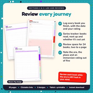 Review every journey: Historical Fiction Reading Journal pages. Log every book you finish, with the date and your rating; Series tracker: books read, next up and whether it's out yet; Review space for 24 books, two to a page