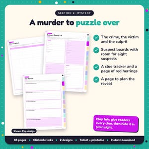 A murder to puzzle over: Cosy Mystery Writing Planner pages. The crime, the victim and the culprit; Suspect boards with room for eight suspects; A clue tracker and a page of red herrings