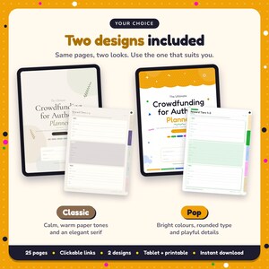 Two designs included with the Crowdfunding for Authors Planner: Classic and Pop