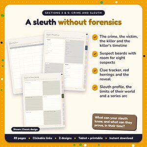 A sleuth without forensics: Historical Mystery Writing Planner pages. The crime, the victim, the killer and the killer's timeline; Suspect boards with room for eight suspects; Clue tracker, red herrings and the reveal