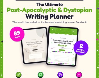 Può includere: Un planner digitale e stampabile per scrittori distopici con 89 pagine e 2 design. Il testo in copertina recita The Ultimate Post-Apocalyptic and Dystopian Writing Planner. Include icone per link cliccabili e per la stampa.