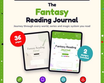 Könnte beinhalten: Ein digitales und druckbares Lesetagebuch für Fantasy-Fans mit zwei Tablet-Bildschirmen, die den Titel The Fantasy Reading Journal zeigen, 36 Seiten, 2 Designs enthalten, anklickbare Links, iPad- und Tablet-fähig, sofortiger Download.