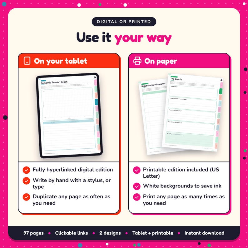 Use the Romance Writing Planner on your tablet as a hyperlinked digital planner, or print the US Letter printable edition