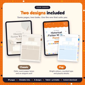 Two designs included with the Historical Fiction Writing Planner: Classic and Pop