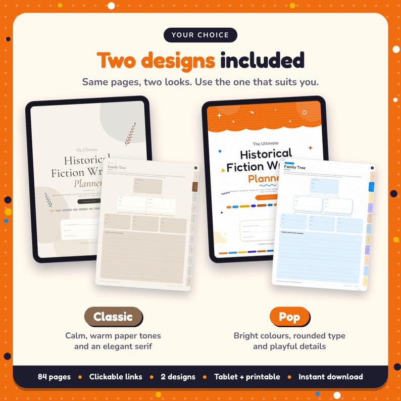 Two designs included with the Historical Fiction Writing Planner: Classic and Pop