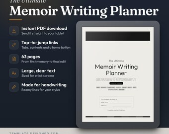 Peut inclure: Un modèle de planificateur d'écriture de mémoires numérique pour tablettes à encre électronique. L'écran affiche le titre The Ultimate Memoir Writing Planner, avec des sections pour le titre et le sous-titre. Inclut 63 pages et des liens.