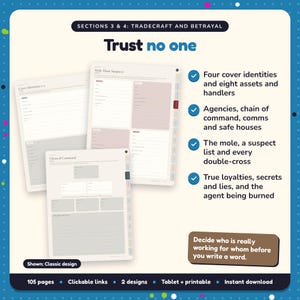 Trust no one: Espionage Thriller Writing Planner pages. Four cover identities and eight assets and handlers; Agencies, chain of command, comms and safe houses; The mole, a suspect list and every double-cross