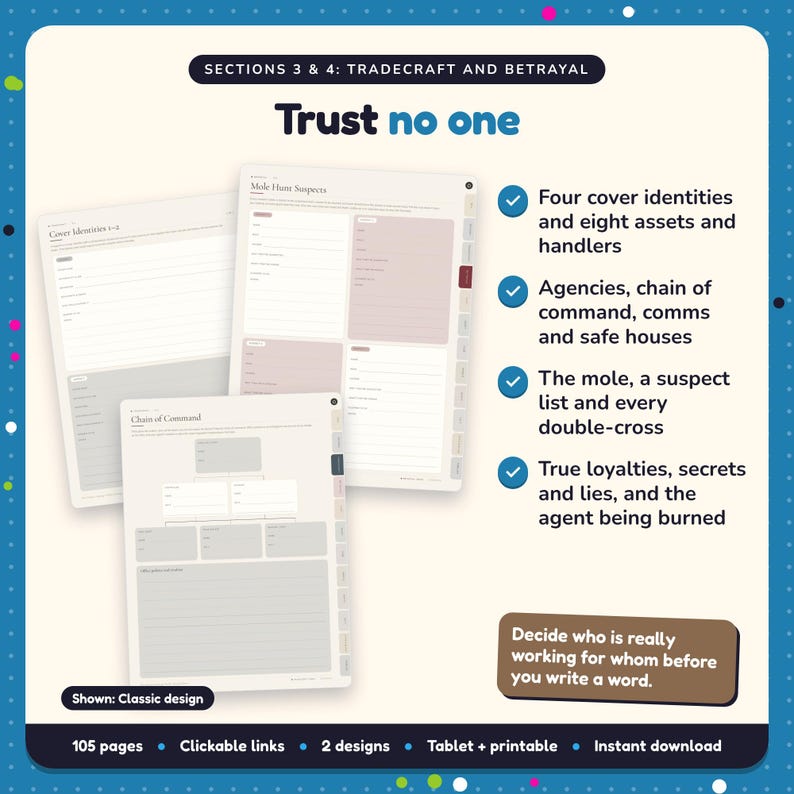 Trust no one: Espionage Thriller Writing Planner pages. Four cover identities and eight assets and handlers; Agencies, chain of command, comms and safe houses; The mole, a suspect list and every double-cross