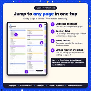 Hyperlinked contents page of the Legal Thriller Writing Planner, with clickable contents, section tabs, home button and linked master checklist for GoodNotes and Notability
